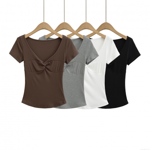 Women's V-Neck Twist Front T-Shirt Ribbed Knit Viscose Elastane Slim Fit Short Sleeve Summer Top For Daily Casual Streetwear