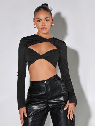 Women's Sexy Hollow Out Twist Front Long Sleeve Crop Top Slim Fit Solid Color Polyester Rib Knit T-Shirt For Streetwear Party Clubwear Autumn Women's Sexy Hollow Out Twist Front Long Sleeve Crop Top Slim Fit Solid Color Polyester Rib Knit T-Shirt For Streetwear Party Clubwear Autumn
