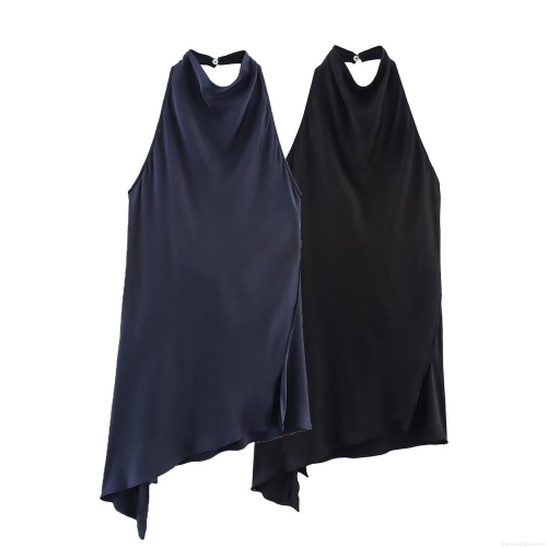 Women Sexy Halter Neck Asymmetric Hem Backless T-Shirt Satin Texture Polyester Acetate Linen Sleeveless Summer Party Streetwear Top