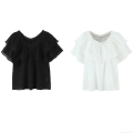 Women's V-Neck Lace Trim T-Shirt 100% Cotton Short Sleeve Ruffle Edge Blouse Summer Casual Loose Top Street Style For Women