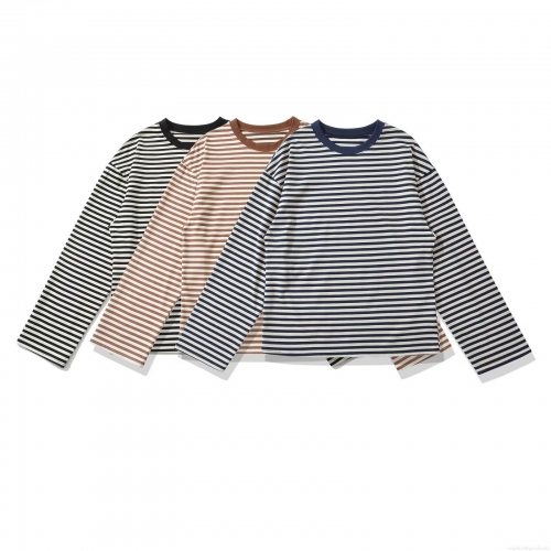 Women's Striped Long Sleeve T-Shirt Contrast Color Round Neck Cotton Blend Pullover Casual Street Style Tops For Fall Autumn