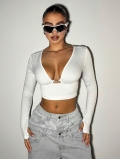 Women's Sexy Backless Long Sleeve Crop Top Deep V-Neck Slim Fit T-Shirt With Metal Ring Decoration Solid Color Polyester Elastane Streetwear Top
