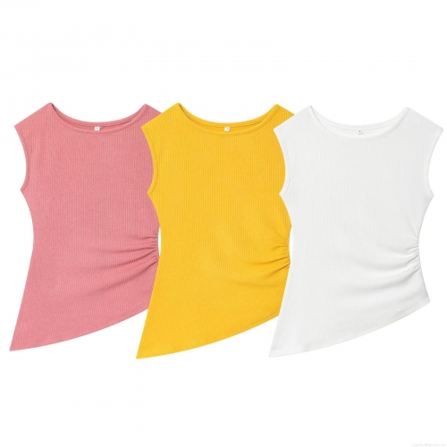 Women's Sleeveless Ribbed Knit T-Shirt Slim Fit Irregular Hem Tank Top Side Ruched Design Solid Color Round Neck Casual Streetwear Fashion Vest For Summer Autumn