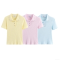 Women's Knit Polo Shirt Short Sleeve Rhinestone Decorated Slim Fit Polyester Pullover Top Summer Autumn Street Style Casual Blouse