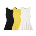 Women's Knit Sleeveless T-Shirt Cable Knit Peplum Hem Solid Color Crew Neck Vest Top Streetwear Fashion Summer Fall Casual Women's Top