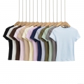 Women's Slim Fit T-Shirt Solid Color Round Neck Short Sleeve Polyester Casual Basic Tee Top Streetwear Summer Fashion Ruffle Hem