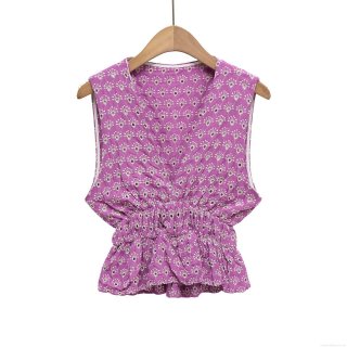 Women's V Neck Sleeveless Top Eyelet Embroidery Polyester Cotton Blend Smocked Waist Peplum Hem Daisy Floral Boho Style For Women Summer Lightweight Casual Tee