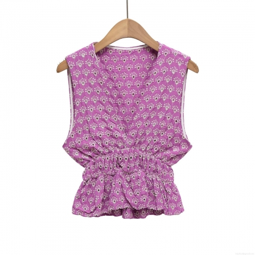 Women's V Neck Sleeveless Top Eyelet Embroidery Polyester Cotton Blend Smocked Waist Peplum Hem Daisy Floral Boho Style For Women Summer Lightweight Casual Tee