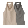 Women's Sexy Backless Halter Neck Sleeveless T-shirt Polyester Cotton Linen Texture Solid Color Street Style Casual Top for Vacation Party