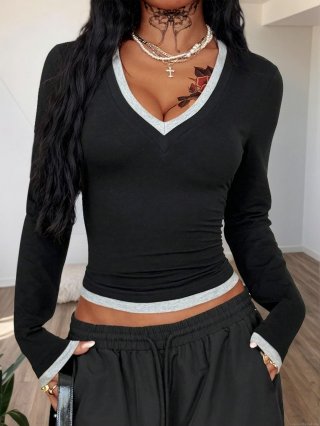Women's Sexy V-Neck Long Sleeve Slim Fit T-Shirt Color Block Spliced Contrast Trim Brushed Polyester Milk Silk Pullover Top for Daily Streetwear