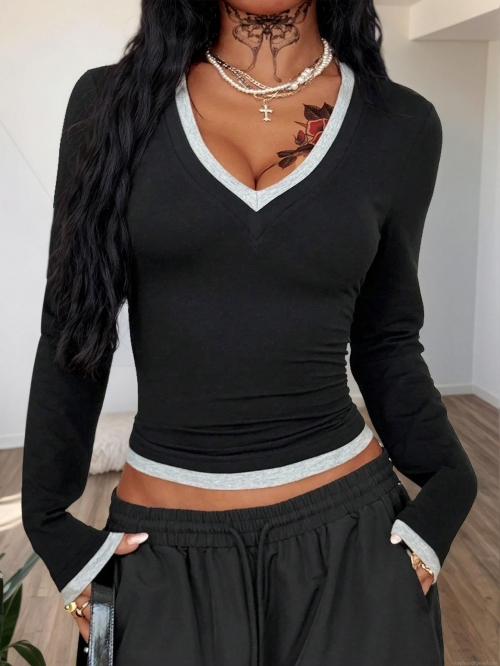 Women's Sexy V-Neck Long Sleeve Slim Fit T-Shirt Color Block Spliced Contrast Trim Brushed Polyester Milk Silk Pullover Top for Daily Streetwear