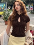 Women's Sexy Hollow Out Drawstring Ruched T-Shirt French Style Slim Fit Short Sleeve Top High Neck Polyester Spandex Blouse Streetwear