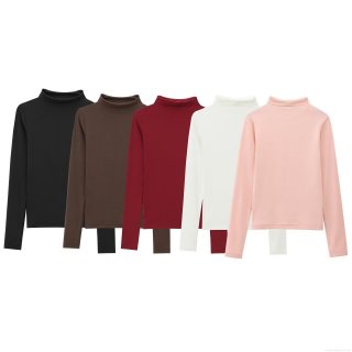 Women's Mock Neck Long Sleeve T-Shirt Slim Fit Solid Color Polyester Knit Base Layer Top Autumn Streetwear Versatile Pullover Blouse