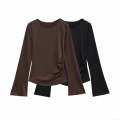 Women Elegant Ruched Satin Long Sleeve T-Shirt Slim Fit Round Neck Pullover Top Streetwear Solid Color Glossy Blouse For Women
