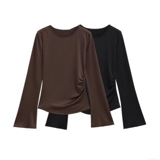 Women Elegant Ruched Satin Long Sleeve T-Shirt Slim Fit Round Neck Pullover Top Streetwear Solid Color Glossy Blouse For Women