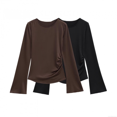 Women Elegant Ruched Satin Long Sleeve T-Shirt Slim Fit Round Neck Pullover Top Streetwear Solid Color Glossy Blouse For Women
