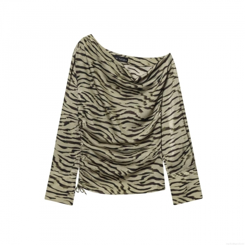 Women's Asymmetric Animal Print Polyester Top Sexy One Shoulder Side Drawstring Ruched Long Sleeve T-Shirt With Metal Button Zebra Tiger Stripe Satin Luster Blouse For Party Streetwear