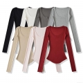 Women's Slim Fit U-Neck Long Sleeve T-Shirt Solid Color Polyester Rib Knit Basic Undershirt Top Casual Streetwear For Autumn Winter Ladies Clothing