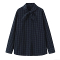Vintage Plaid Scarf Neck Bowknot Long Sleeve Shirt Women Polyester Single Breasted Blouse Autumn Streetwear Commute Top