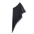 Women's Sexy One Shoulder Asymmetric Satin T-Shirt Fashion Lace Trim Sleeveless Top Elegant Street Style Solid Black Blouse for Party Club Summer