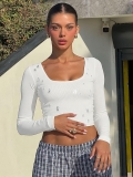 Women's Sexy Slim Fit U-Neck Long Sleeve Crop Top Ribbed Knit T-Shirt With Waterdrop Rhinestones Fashion Streetwear Party Tee