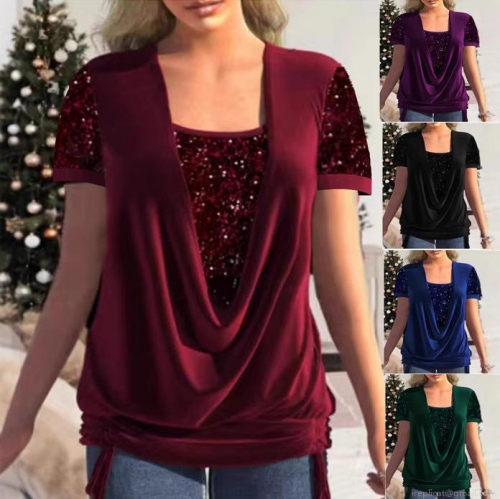 Fashion Women's Sequin Short Sleeve Top Sparkly Glitter Draped V-Neck Layered Blouse For Christmas Holiday Party Casual Tee Shirt Fashion Women's Sequin Short Sleeve Top Sparkly Glitter Draped V-Neck Layered Blouse For Christmas Holiday Party Casual Tee Shirt