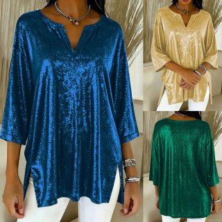 Women Sparkly Sequin V Neck T Shirt Top Glitter Metallic 3/4 Sleeve Loose Fit Side Slit Mid Length Blouse For Party Club Streetwear Women Sparkly Sequin V Neck T Shirt Top Glitter Metallic 3/4 Sleeve Loose Fit Side Slit Mid Length Blouse For Party Club Streetwear