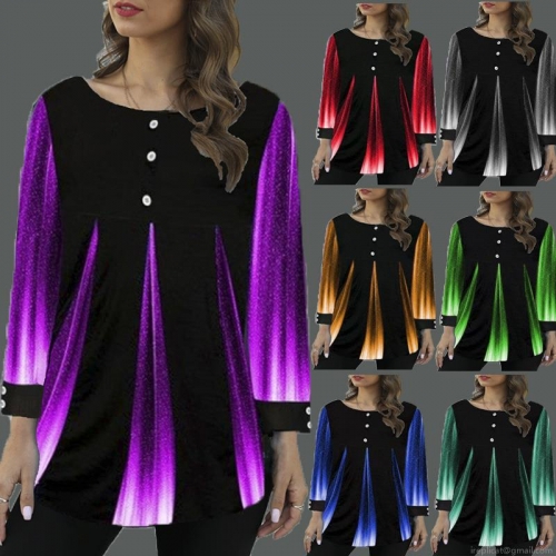 Women's Casual Loose Round Neck T-Shirt Radiant Gradient Striped Print Tunic Top with Decorative Buttons Long and Short Sleeve Cotton Blend Summer Autumn Fashion Streetwear Tee Women's Casual Loose Round Neck T-Shirt Radiant Gradient Striped Print Tunic Top with Decorative Buttons Long and Short Sleeve Cotton Blend Summer Autumn Fashion Streetwear Tee