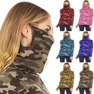 Women's Camouflage Mock Neck Long Sleeve T-Shirt With Integrated Face Mask Hood Slim Fit Polyester Spandex Pullover Top For Outdoor Casual Autumn Winter