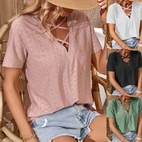 Women's Casual Hollow Out Lace T-Shirt V-Neck Criss Cross Strappy Loose Fit Breathable Short Sleeve Summer Beach Vacation Top
