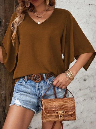 Women's Summer V Neck Butterfly Sleeve T-Shirt Casual Solid Color Loose Polyester Top Bohemian Holiday Short Sleeve Blouse For Women