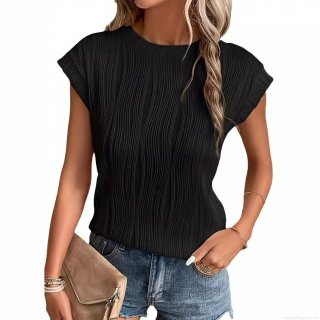 Women Minimalist Plissé T-Shirt Polyester Spandex Vertical Pleated Top Casual Short Sleeve Round Neck Fashion Solid Color Tee For Summer