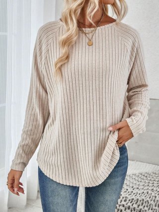 Women's Long Sleeve Ribbed Knit T-Shirt Loose Fit Raglan Sleeve Solid Oatmeal Casual Pullover Top Soft Polyester Spandex Tunic For Spring Autumn Women's Long Sleeve Ribbed Knit T-Shirt Loose Fit Raglan Sleeve Solid Oatmeal Casual Pullover Top Soft Polyester Spandex Tunic For Spring Autumn