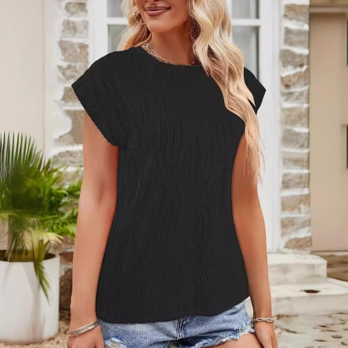 Women's Plus Size Pleated T-Shirt Casual Short Sleeve Round Neck Solid Color Pullover Top Summer Elegant Textured Polyester Tee for Daily Wear