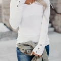 Women's Long Sleeve T-Shirt With Button Cuff Detail Crew Neck Solid Color Slim Fit Casual Tee Top For Fall Winter Spring