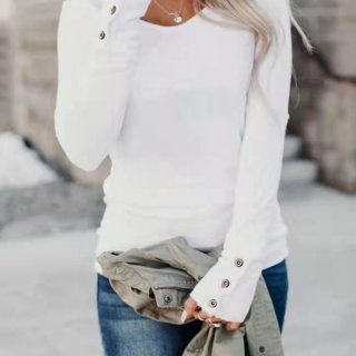 Women's Long Sleeve T-Shirt With Button Cuff Detail Crew Neck Solid Color Slim Fit Casual Tee Top For Fall Winter Spring