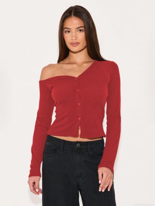 Women One Shoulder Long Sleeve Button Ribbed Knit T-Shirt Slim Fit Asymmetric Neck Pullover Top Y2K Sexy Style Solid Color Viscose Blouse For Casual Dating Autumn