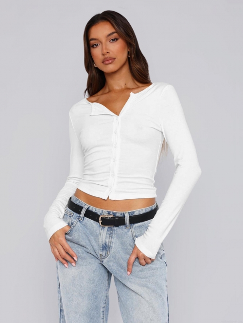 Women Y2K Slim Fit Long Sleeve Knit Cardigan Ribbed Button Down V-Neck Cropped Tee Top Basic Solid Color Casual Commute Streetwear Spicy Girl Tops