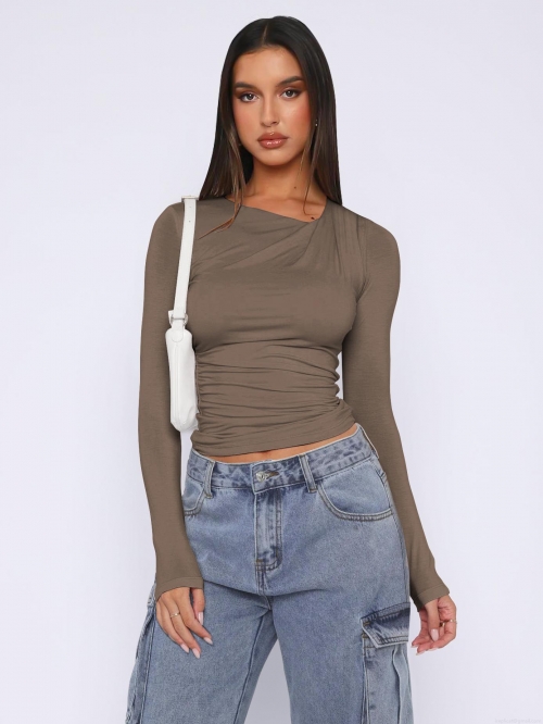 Women Y2K Sexy Slim Fit Crop Top Long Sleeve Viscose Ruched T-Shirt With Irregular Neck Solid Color Casual Top For Lady Party Date Outwear Women Y2K Sexy Slim Fit Crop Top Long Sleeve Viscose Ruched T-Shirt With Irregular Neck Solid Color Casual Top For Lady Party Date Outwear