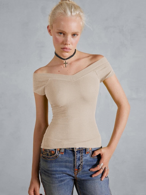 Women's Sexy Y2K Ribbed Knit T-Shirt Slim Fit Off Shoulder V Neck Short Sleeve Top For Summer Streetwear Ladies Basic Tee