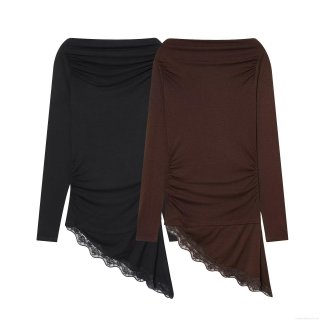 Women's Fashion Boat Neck Long Sleeve T-Shirt Asymmetric Lace Hem Slim Fit Ruching Top Polyester Spandex Blend Casual Winter Shirt for Ladies
