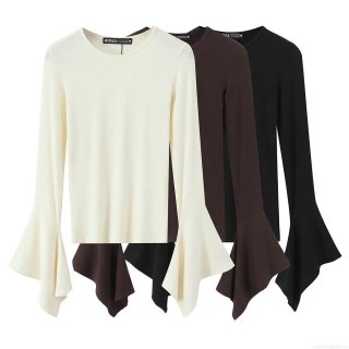 Women's Ribbed Knit T-Shirt Long Flare Bell Sleeve Round Neck Slim Fit Solid Color Casual Basic Tee Top Polyester Spandex Blend Ribbed Autumn Winter Knitwear