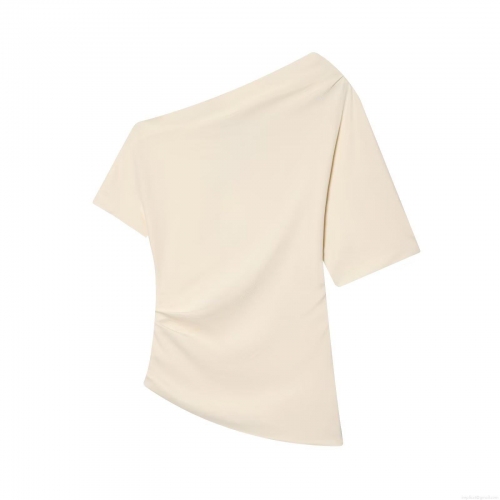 Women Asymmetric Slanted Neck T-Shirt Polyester Spandex Pleated Ruffles Slim Fit Short Sleeve Casual Top Off-Shoulder Cream White Fashion Shirt