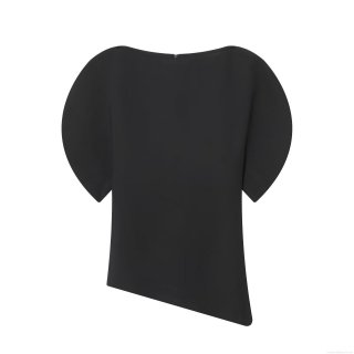 Women's Elegant Asymmetric Hem Puff Sleeve T-Shirt Solid Color Polyester Spandex Blend Short Sleeve Top With Hidden Zipper Back For Daily Party Wear Women's Elegant Asymmetric Hem Puff Sleeve T-Shirt Solid Color Polyester Spandex Blend Short Sleeve Top With Hidden Zipper Back For Daily Party Wear