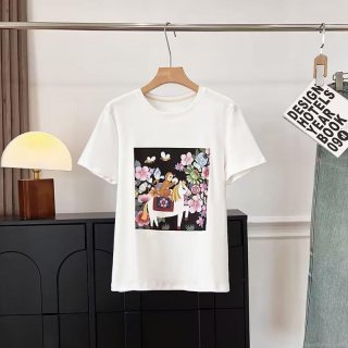 Women's Casual White Short Sleeve T-Shirt Round Neck Loose Fit Cotton Blend Tee With Monkey Horse Floral Graphic Print For Summer