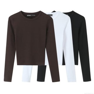 Women's Long Sleeve T-Shirt Slim Fit Ribbed Knit Crop Top Round Neck Solid Color Polyester Spandex Casual Basic Tee for Daily Wear Autumn Winter