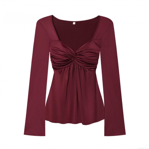 Women's Slim Fit V-Neck Long Sleeve T-Shirt Ruched Twist Front Milk Silk Polyester Spandex Top For Casual Daily Wear Youth Ladies