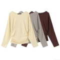 Women's Casual Knitted Long Sleeve T-Shirt Side Ruched Slim Fit Base Layer Top Minimalism Solid Color Spandex Blend Tee For Women