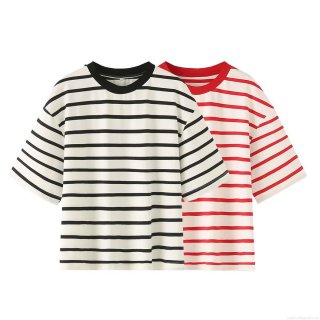 Women's Striped Cotton Short Sleeve T-Shirt Casual Loose Fit Round Neck Pullover With Slit Hem Breathable Summer Top For Daily Wear Fashion Tee