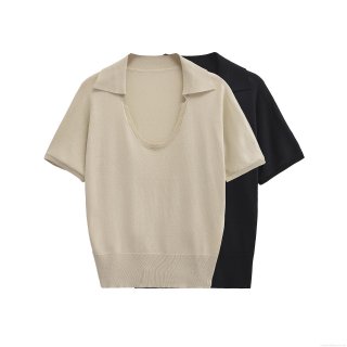 Women's Minimalist Mercerized Cotton Knit Polo Shirt Deep V Neck Short Sleeve Ribbed Hem Top Casual Office T-Shirt
